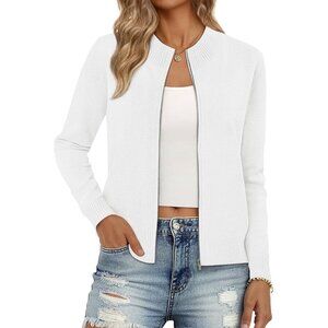 Women's White Zip Up Crew Neck  Long Sleeve Trendy Winter Jackets Sweaters